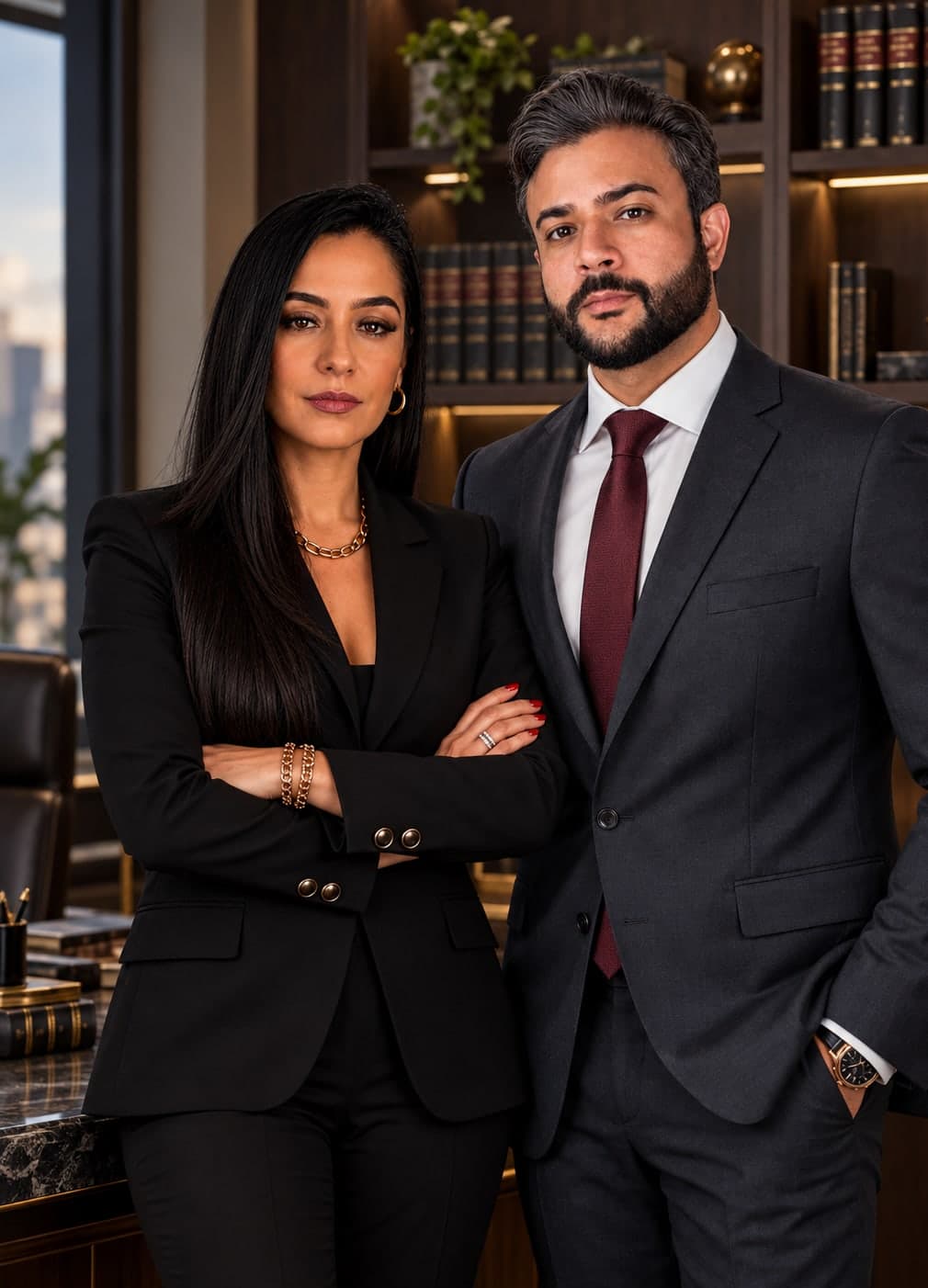 Camila Reis, bacharel em Direito, e Rafael Estrella, advogado, lado a lado no escritório