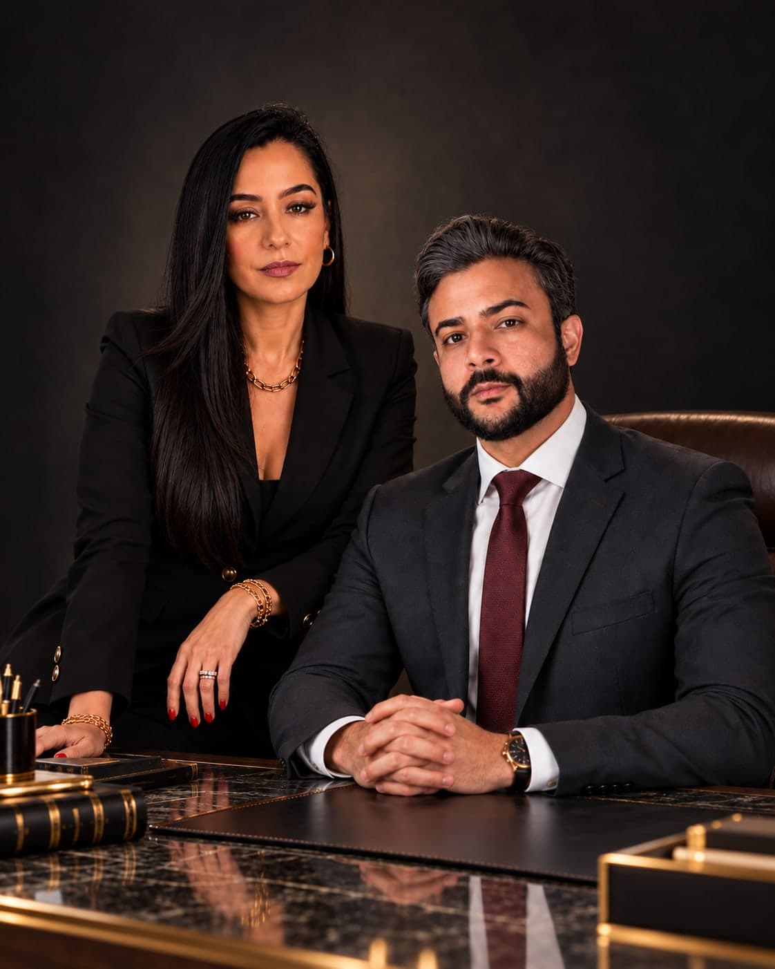 Camila Reis, em pé, e Rafael Estrella, sentado à mesa do escritório, ambos de terno escuro
